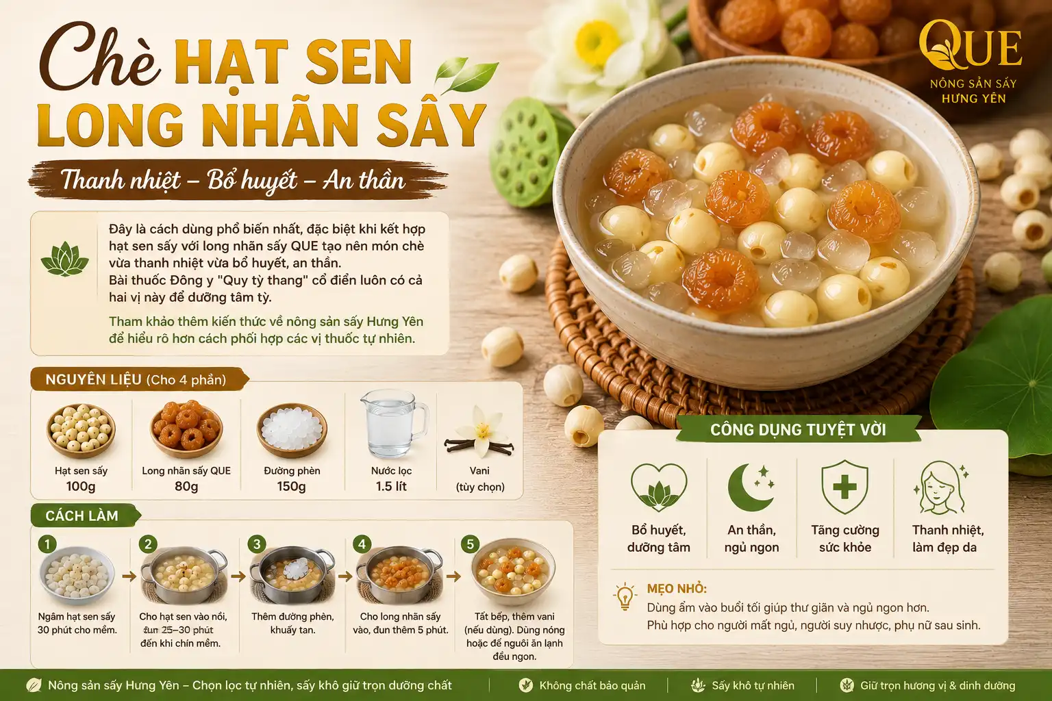 Chè hạt sen long nhãn sấy QUE dưỡng nhan an thần