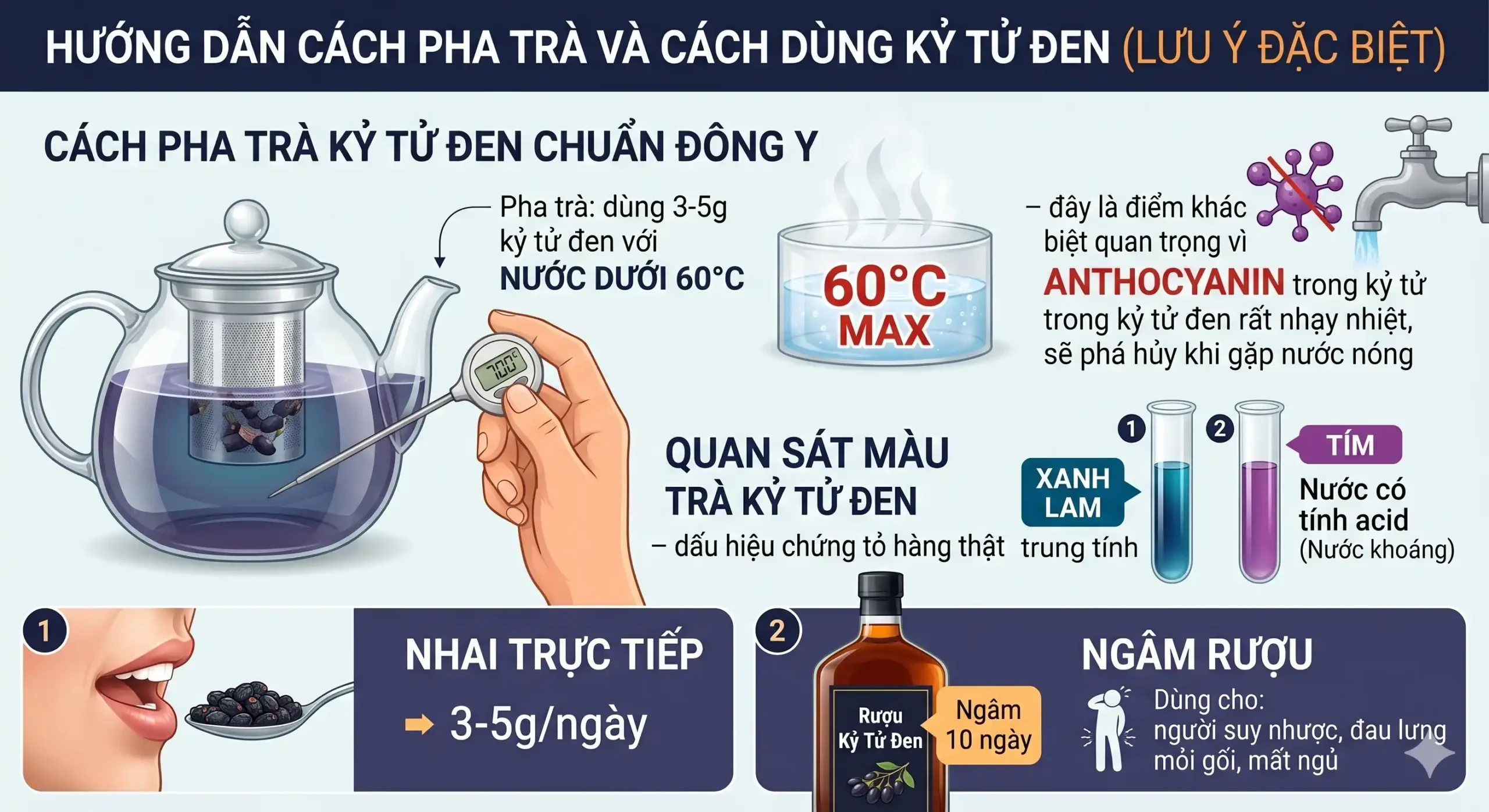 Cách pha trà kỷ tử đen với nước dưới 60 độ C