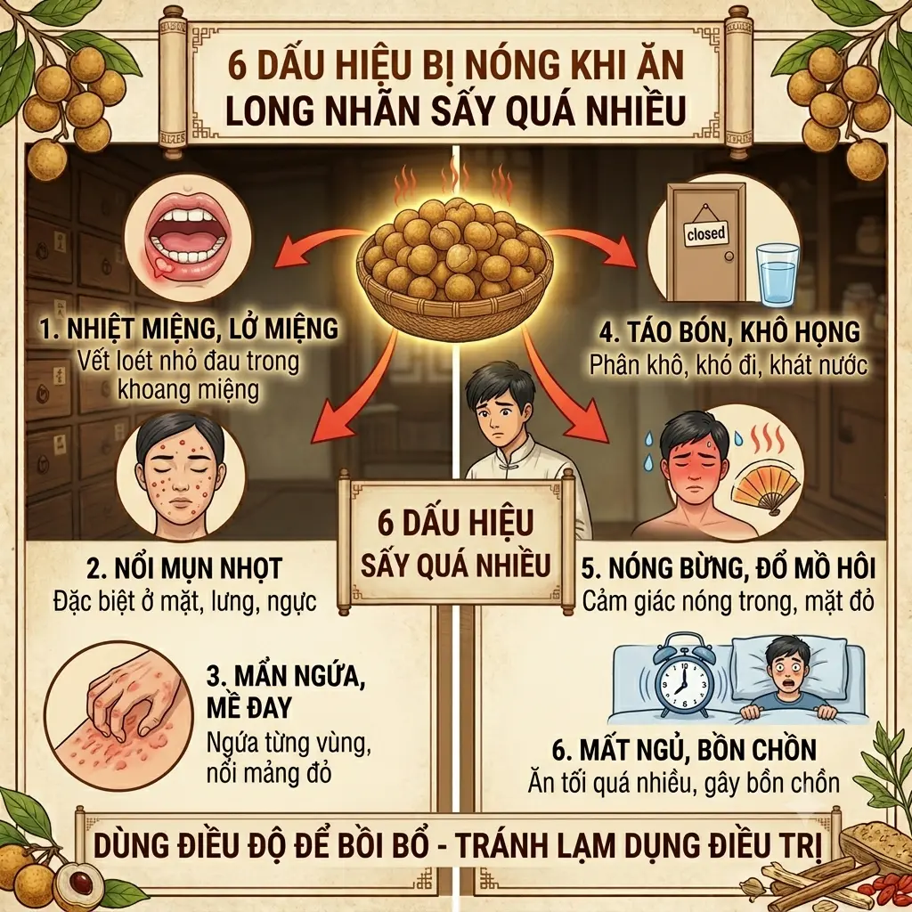 Infographic 6 dấu hiệu bị nóng khi ăn long nhãn sấy quá nhiều