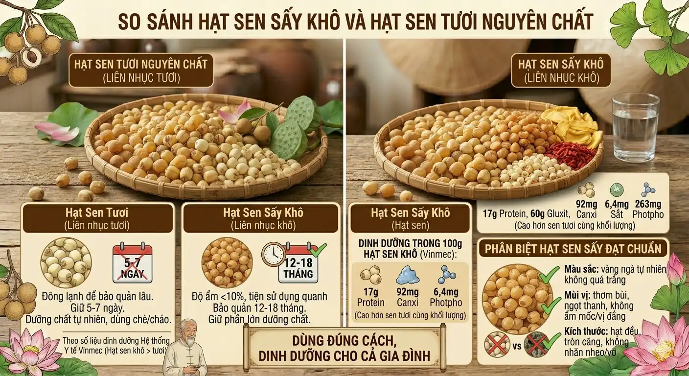 So sánh hạt sen sấy khô và hạt sen tươi nguyên chất