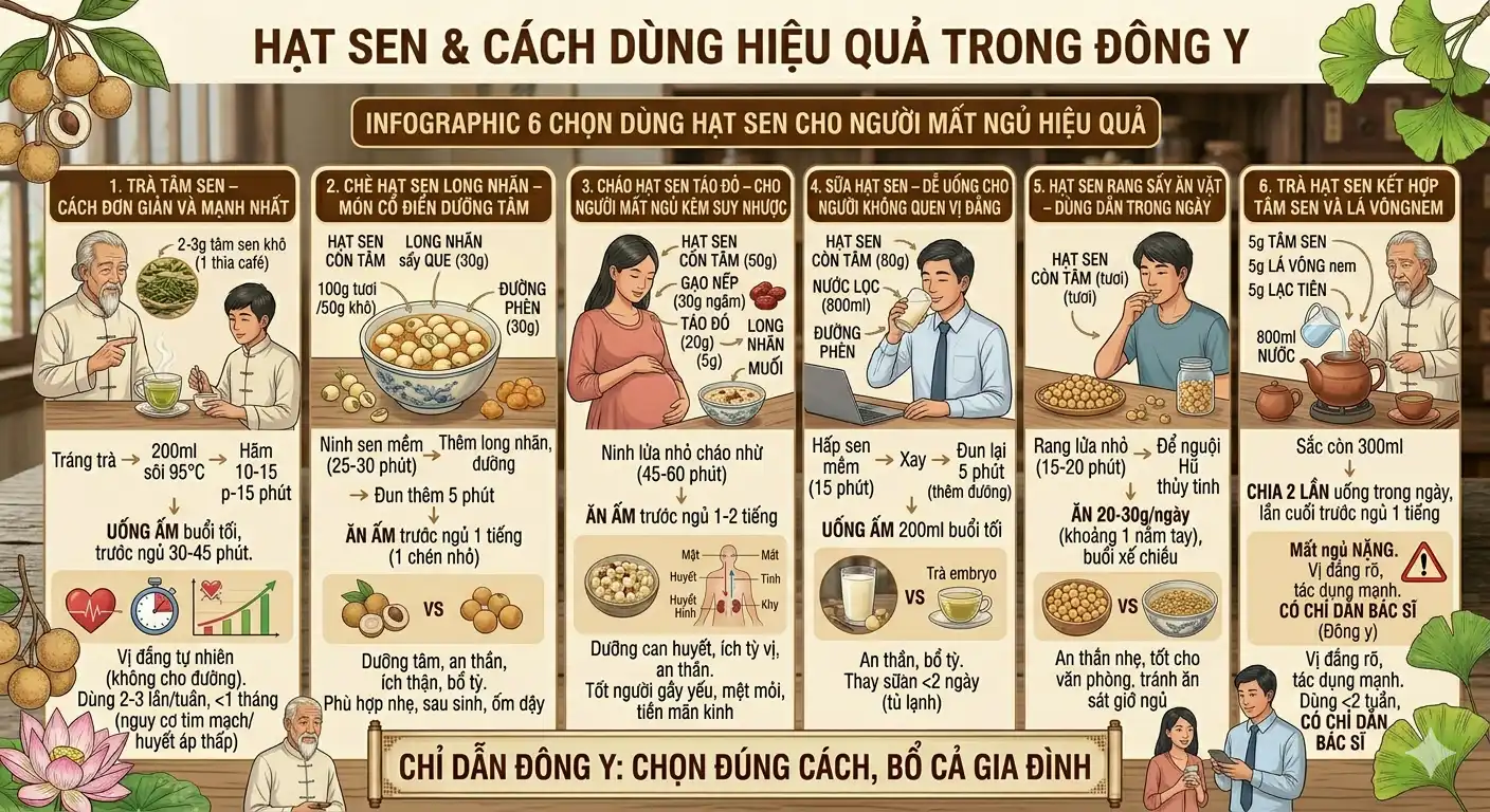 Infographic 6 cách dùng hạt sen cho người mất ngủ hiệu quả