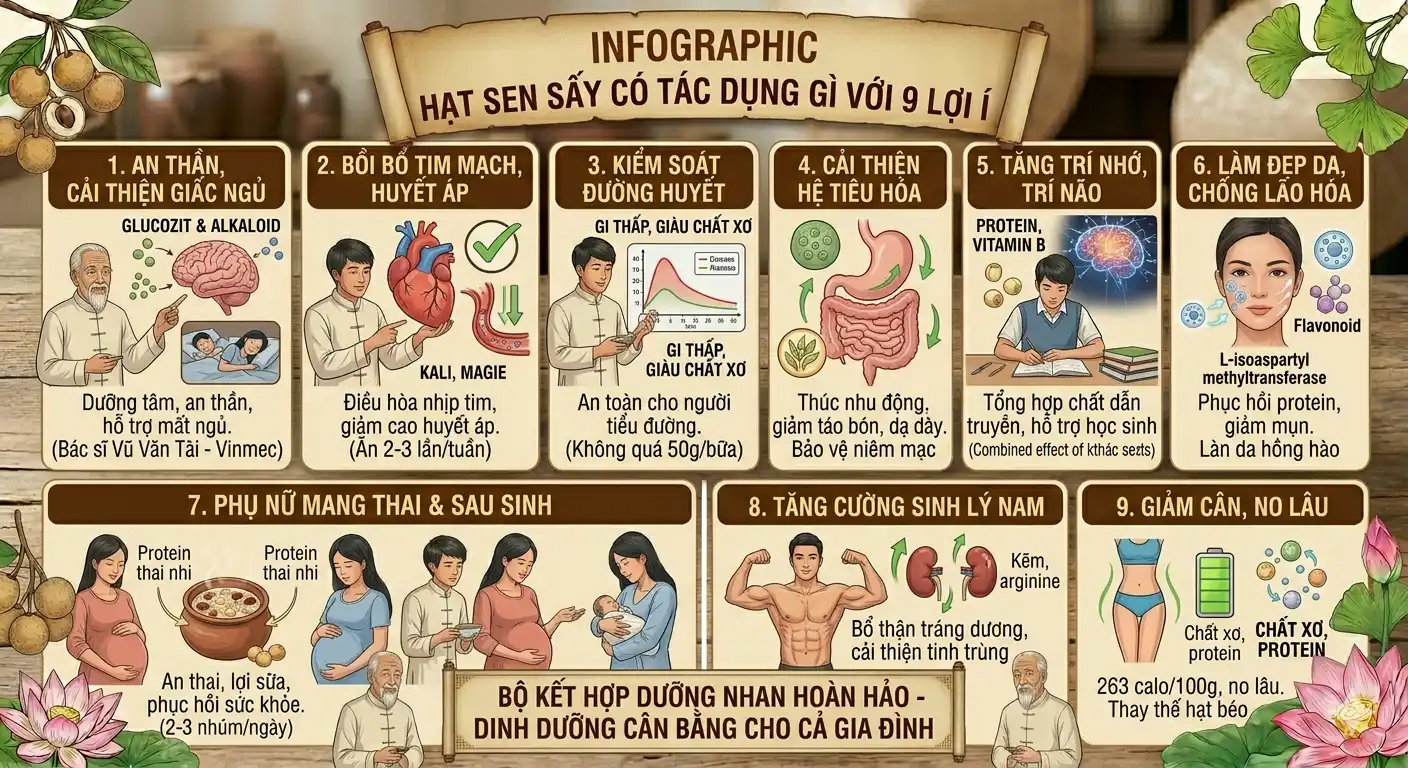 Infographic giải đáp hạt sen sấy có tác dụng gì với 9 lợi ích
