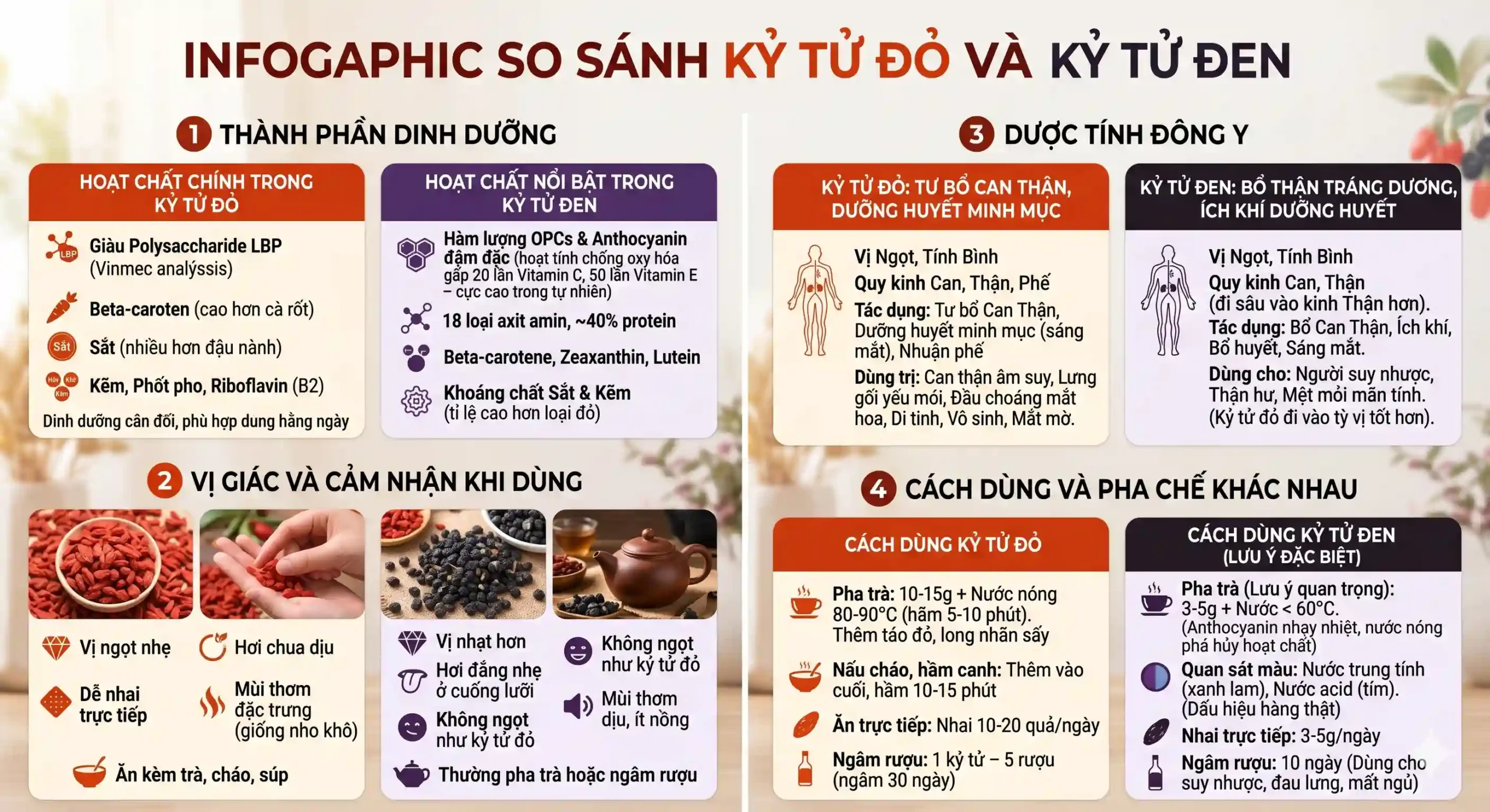 Infographic so sánh kỷ tử đỏ và kỷ tử đen khác gì về dinh dưỡng