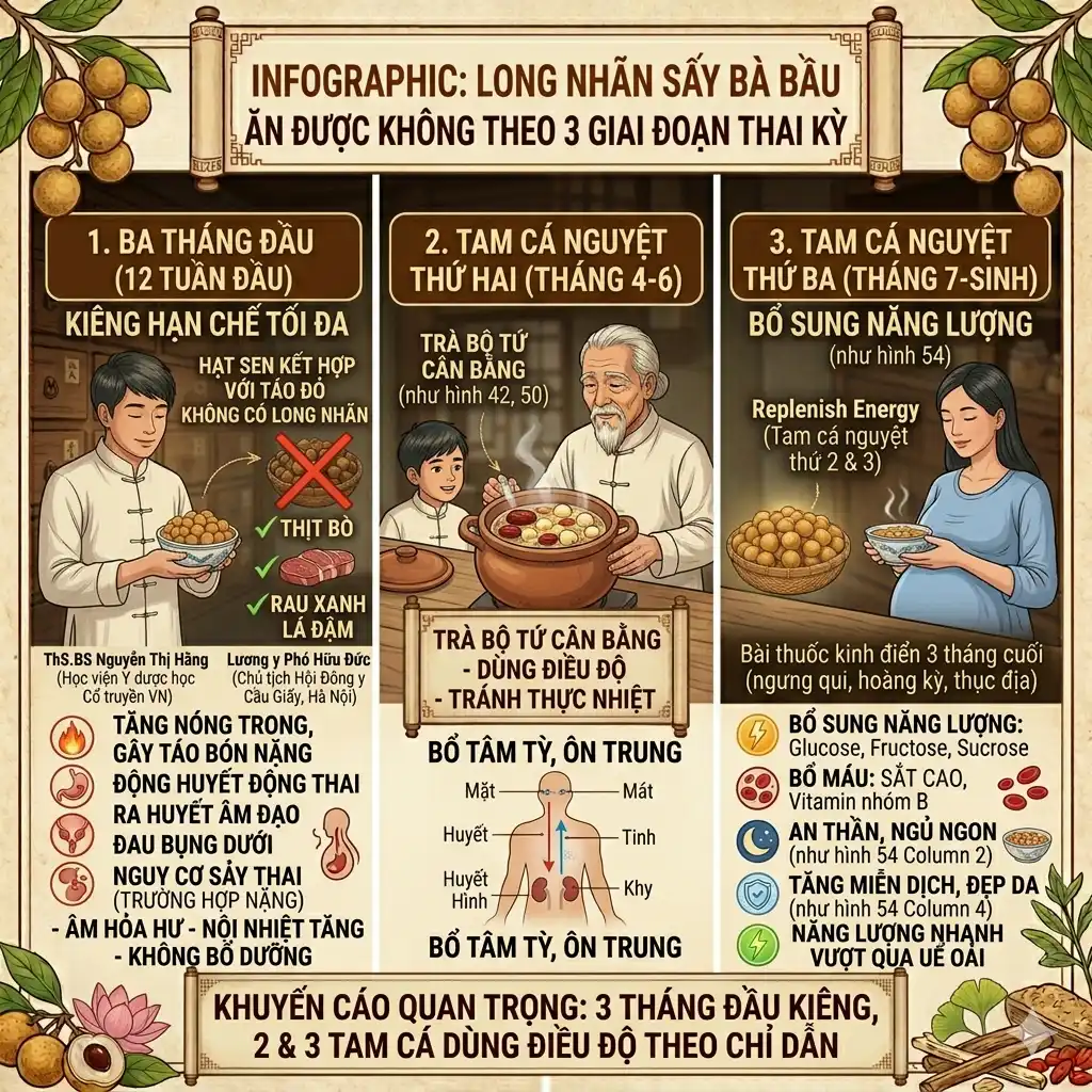 Infographic long nhãn sấy bà bầu ăn được không theo 3 giai đoạn thai kỳ