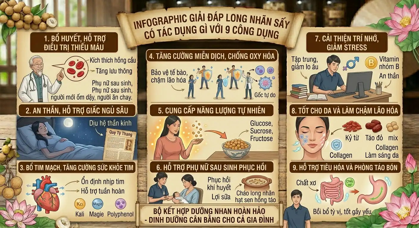 Infographic giải đáp long nhãn sấy có tác dụng gì với 9 công dụng