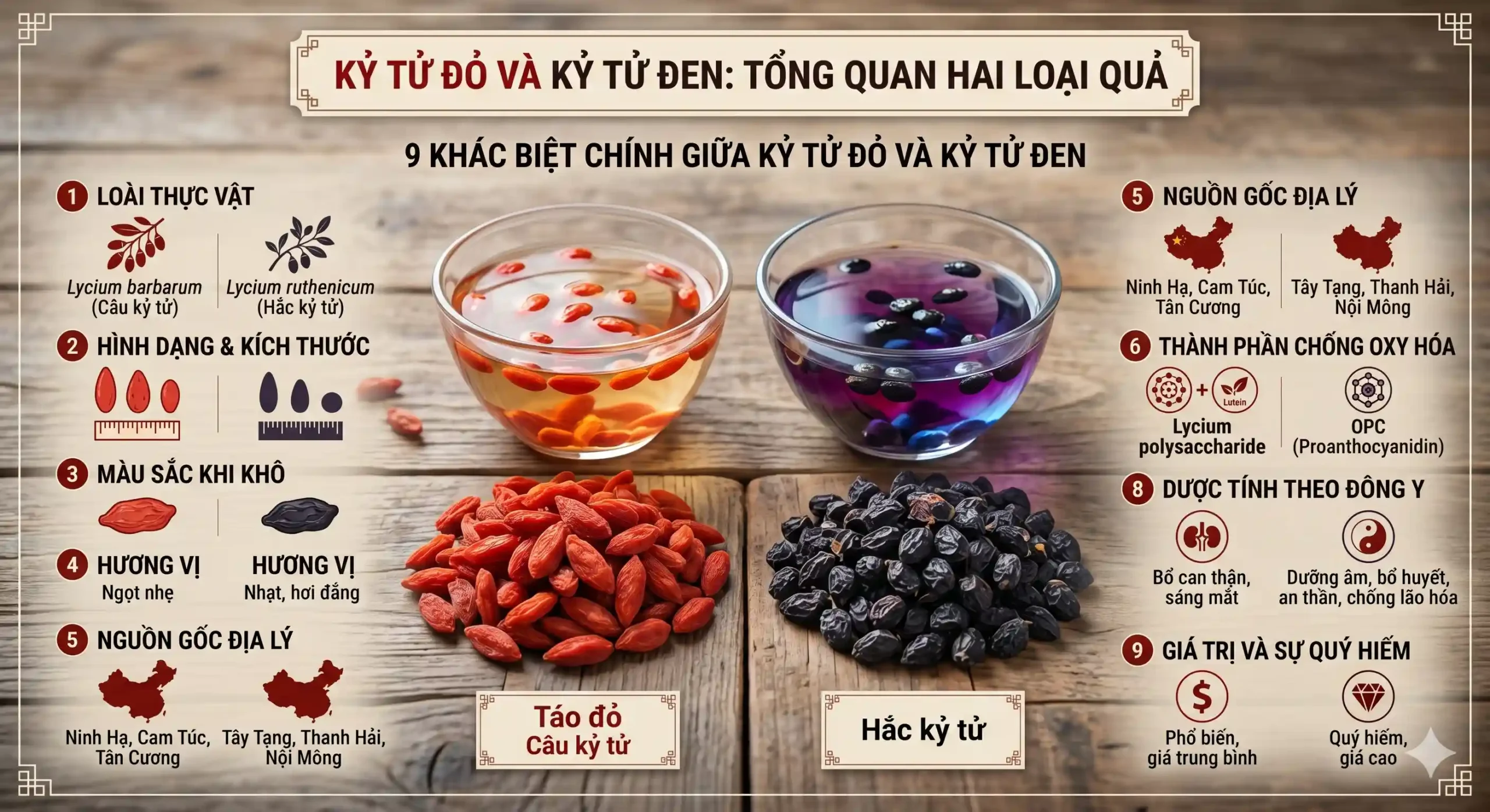 Hai loại quả kỷ tử đỏ và kỷ tử đen trên bàn gỗ