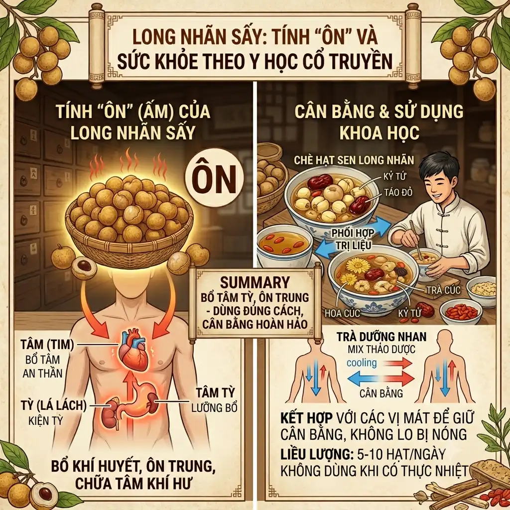 Long nhãn sấy mang tính ôn theo y học cổ truyền
