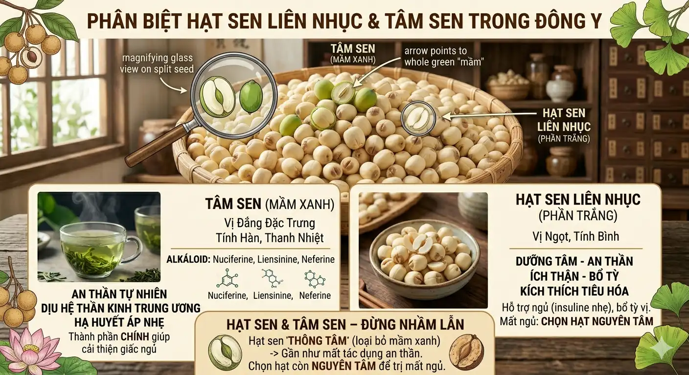 Phân biệt tâm sen và hạt sen liên nhục Đông y