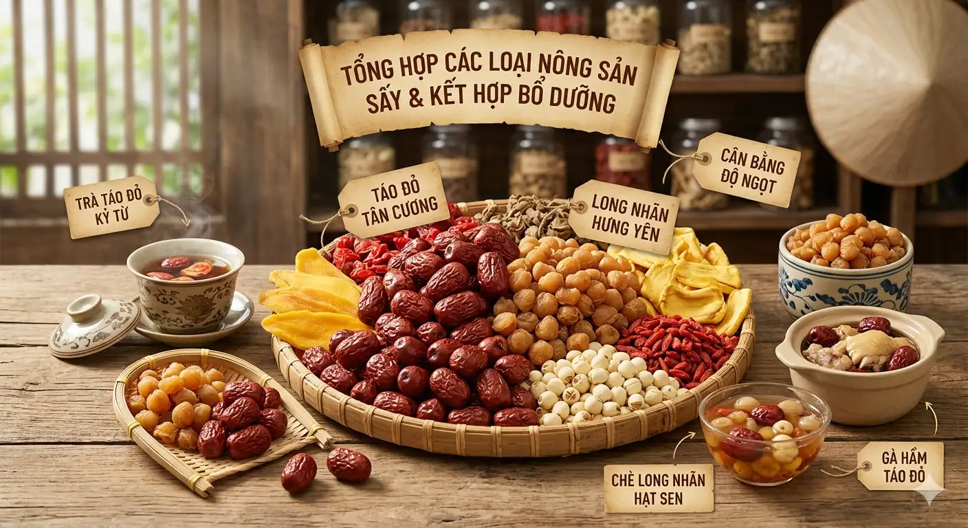 Táo đỏ kết hợp long nhãn sấy QUE nấu chè dưỡng nhan