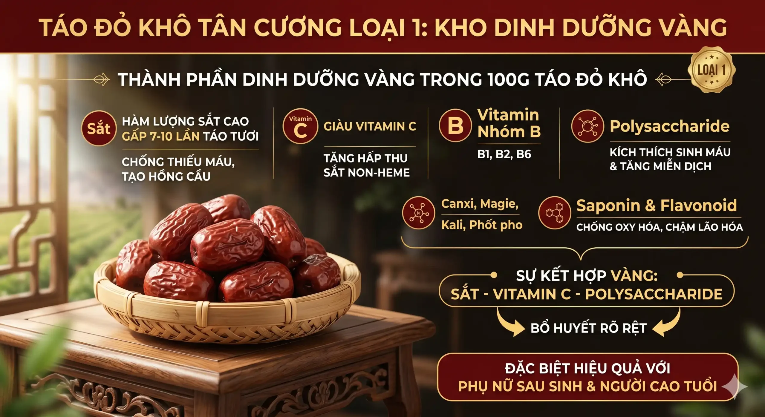 Táo đỏ khô Tân Cương loại 1 với thành phần dinh dưỡng giàu sắt vitamin C