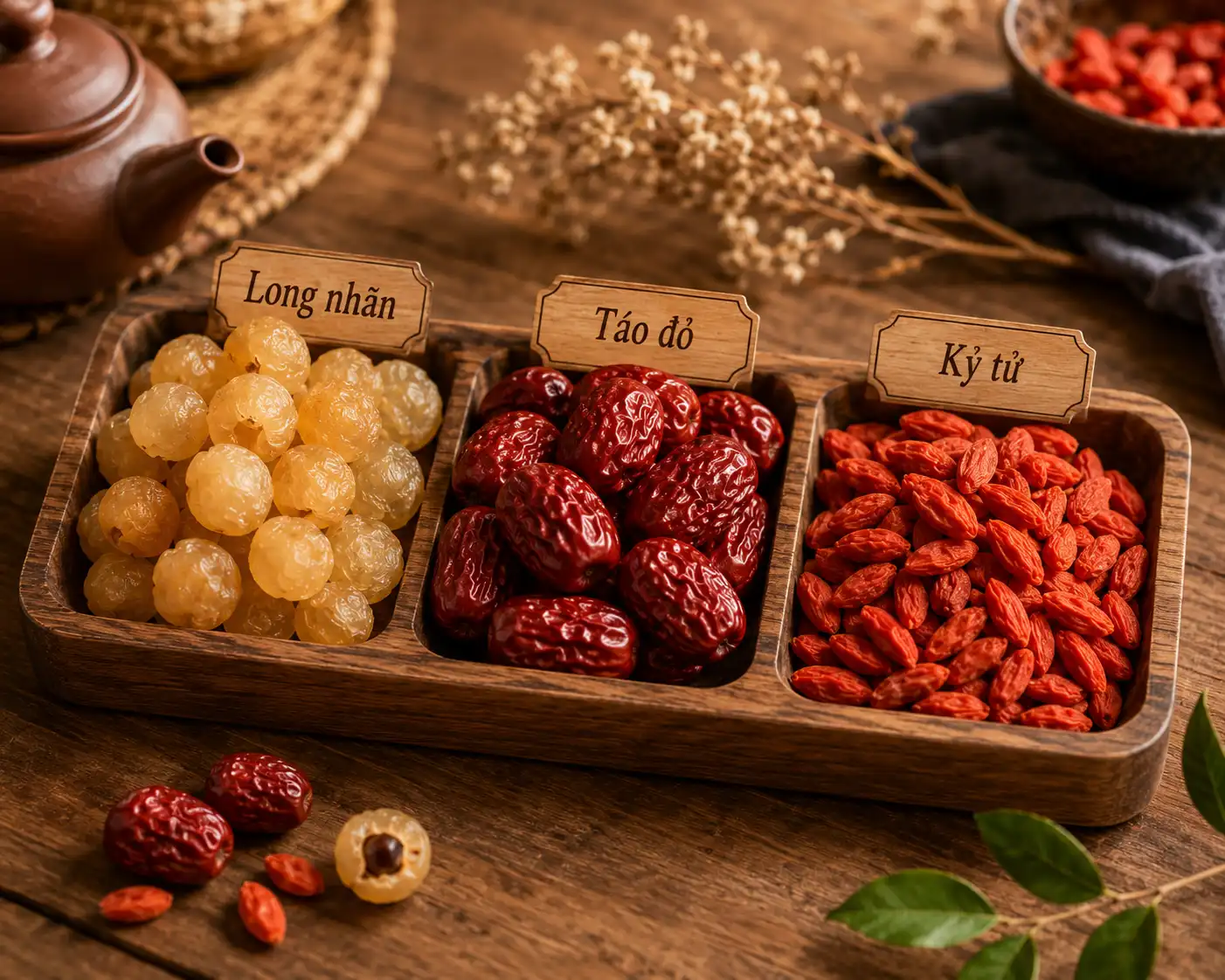 Bộ ba long nhãn táo đỏ kỷ tử khô bày trên khay gỗ