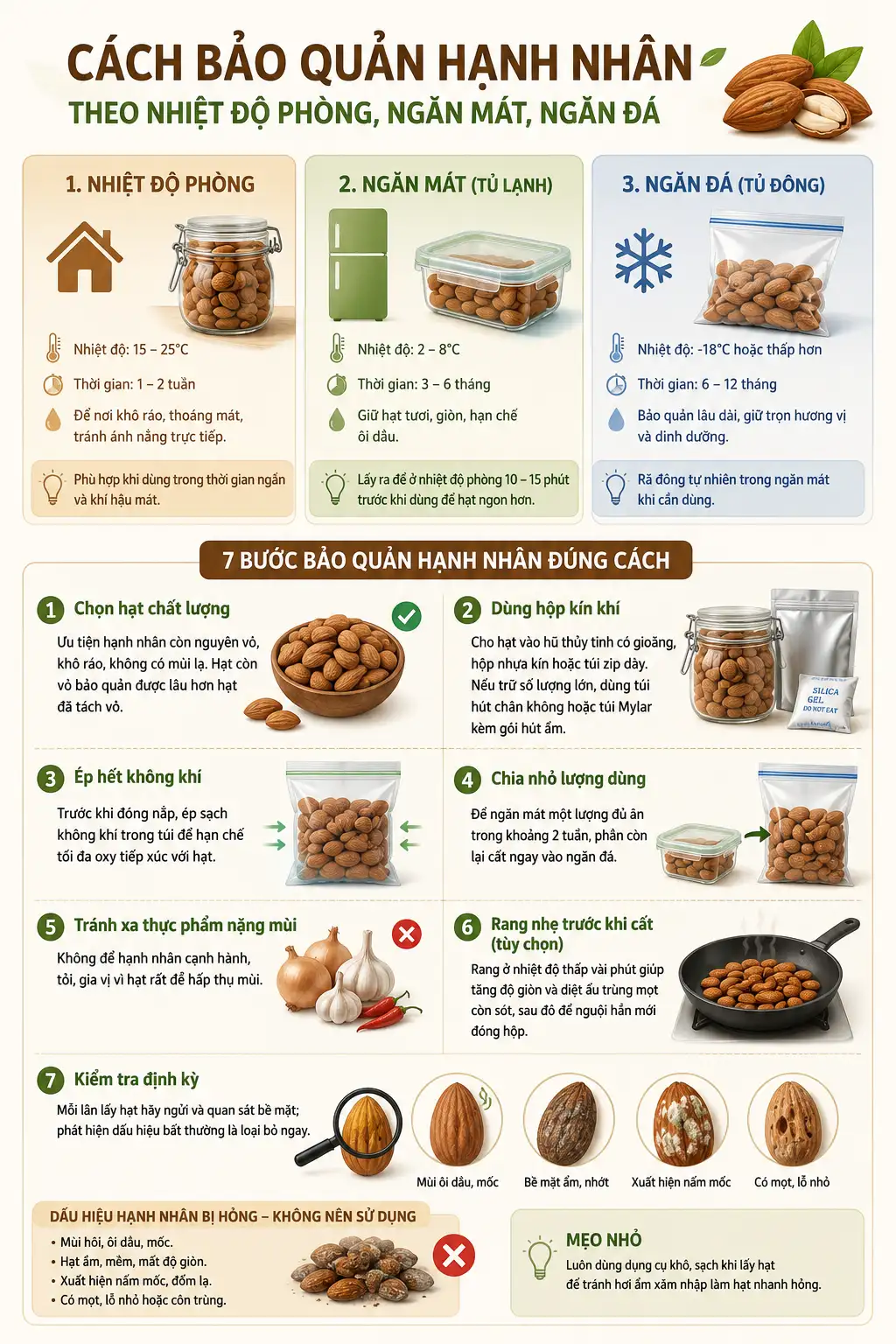 Infographic cách bảo quản hạnh nhân theo nhiệt độ phòng, ngăn mát, ngăn đá