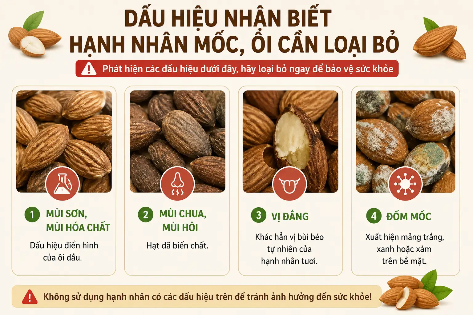 Dấu hiệu nhận biết hạnh nhân mốc, ôi cần loại bỏ