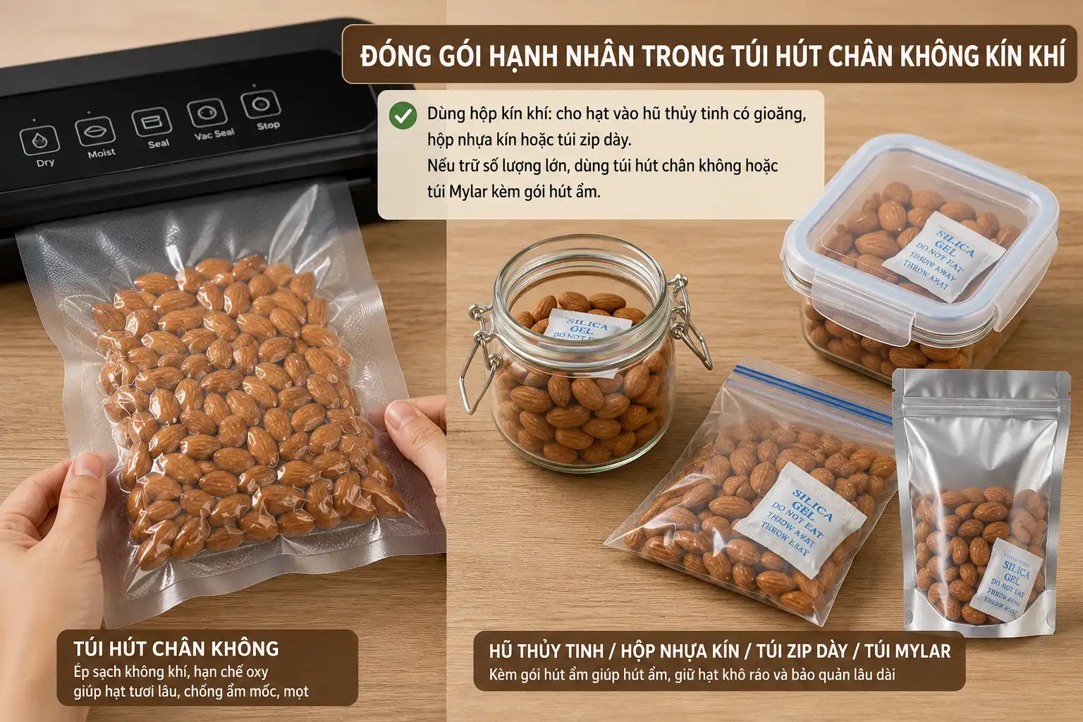 Đóng gói hạnh nhân trong túi hút chân không kín khí