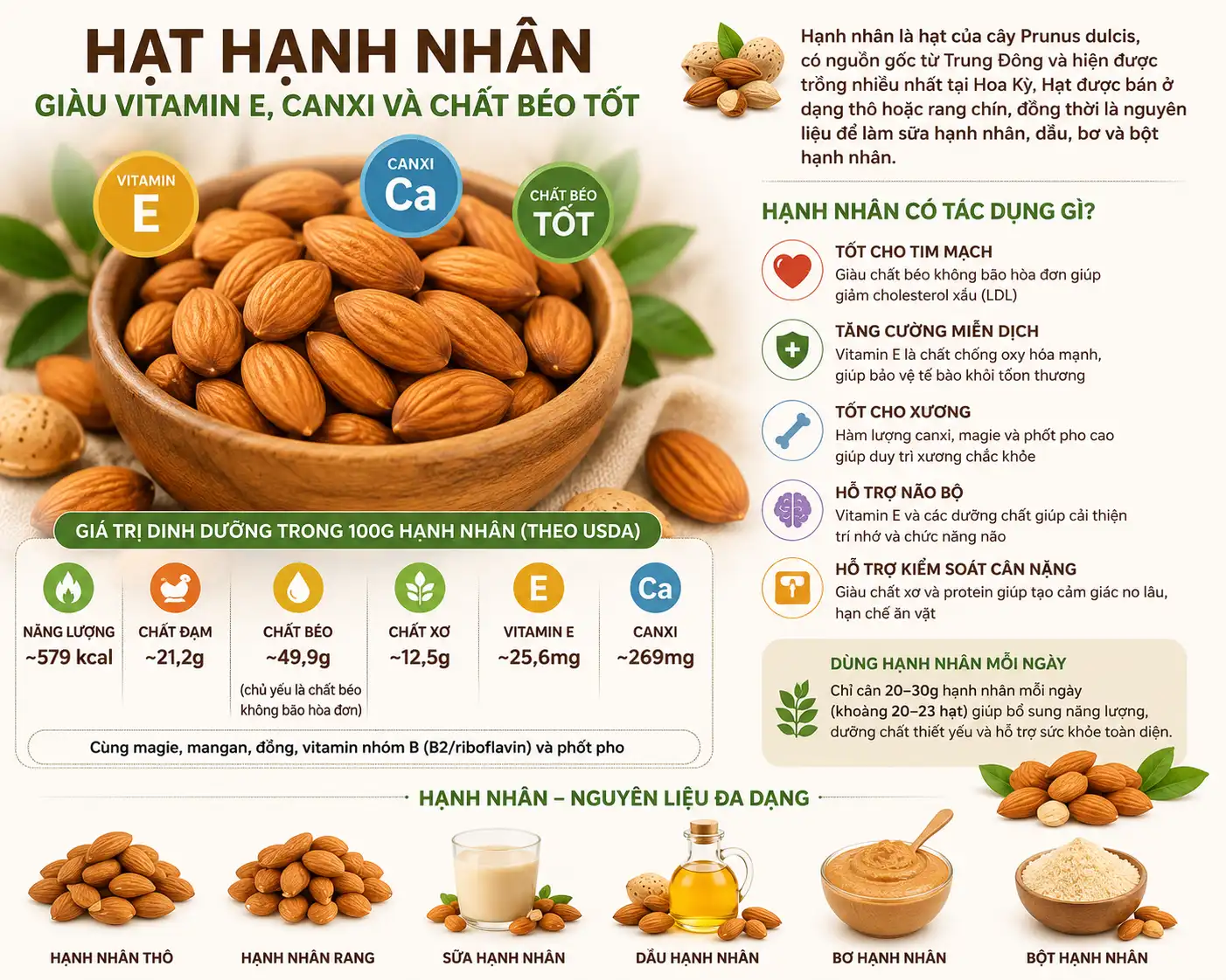 Hạt hạnh nhân giàu vitamin E, canxi và chất béo tốt