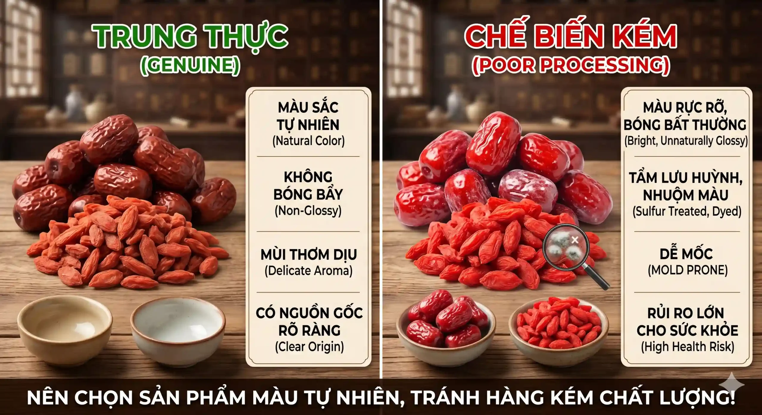 so sánh táo đỏ kỷ tử thật và hàng tẩm lưu huỳnh nhuộm màu