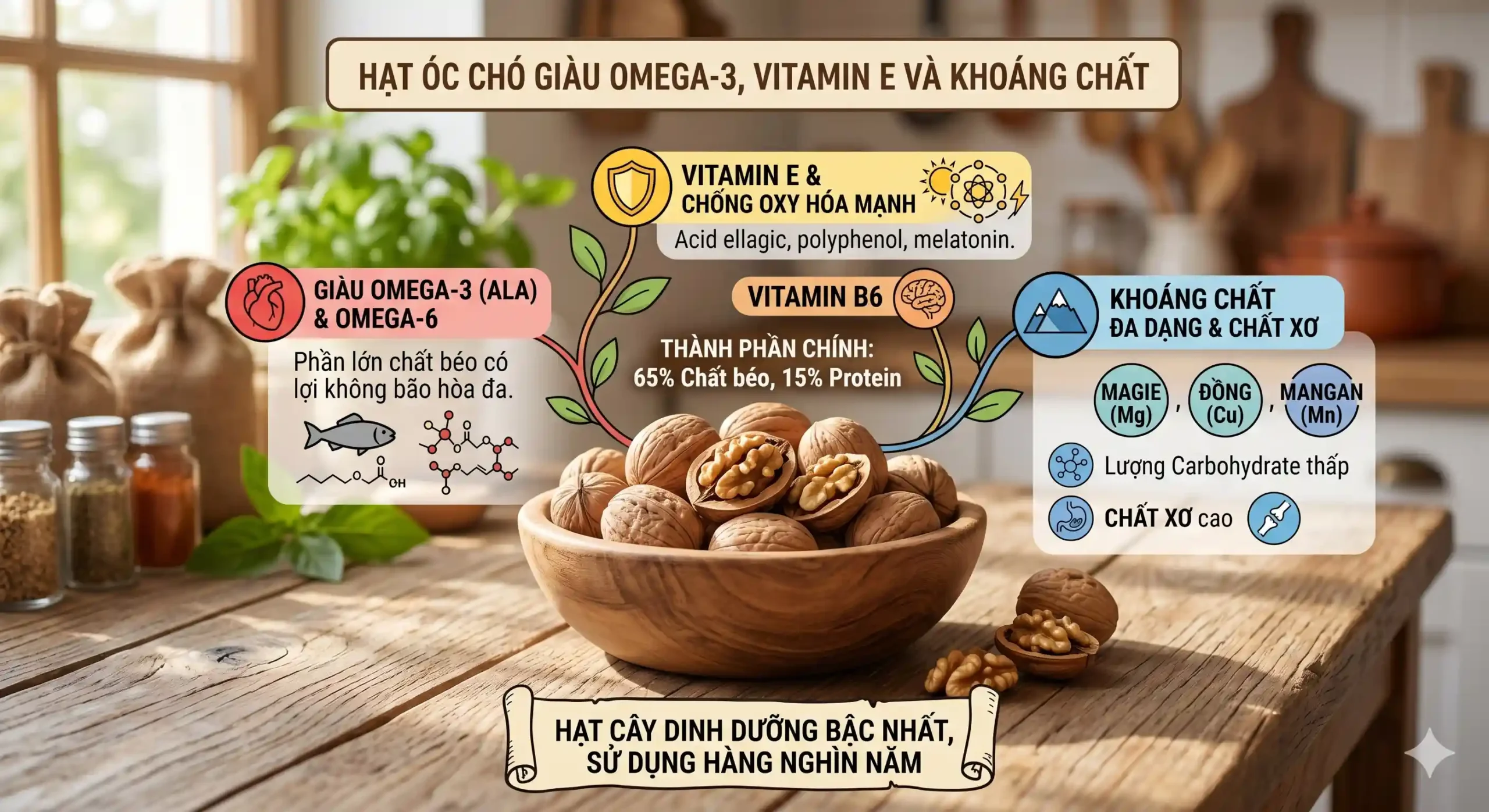 Hạt óc chó giàu Omega-3, vitamin E và khoáng chất