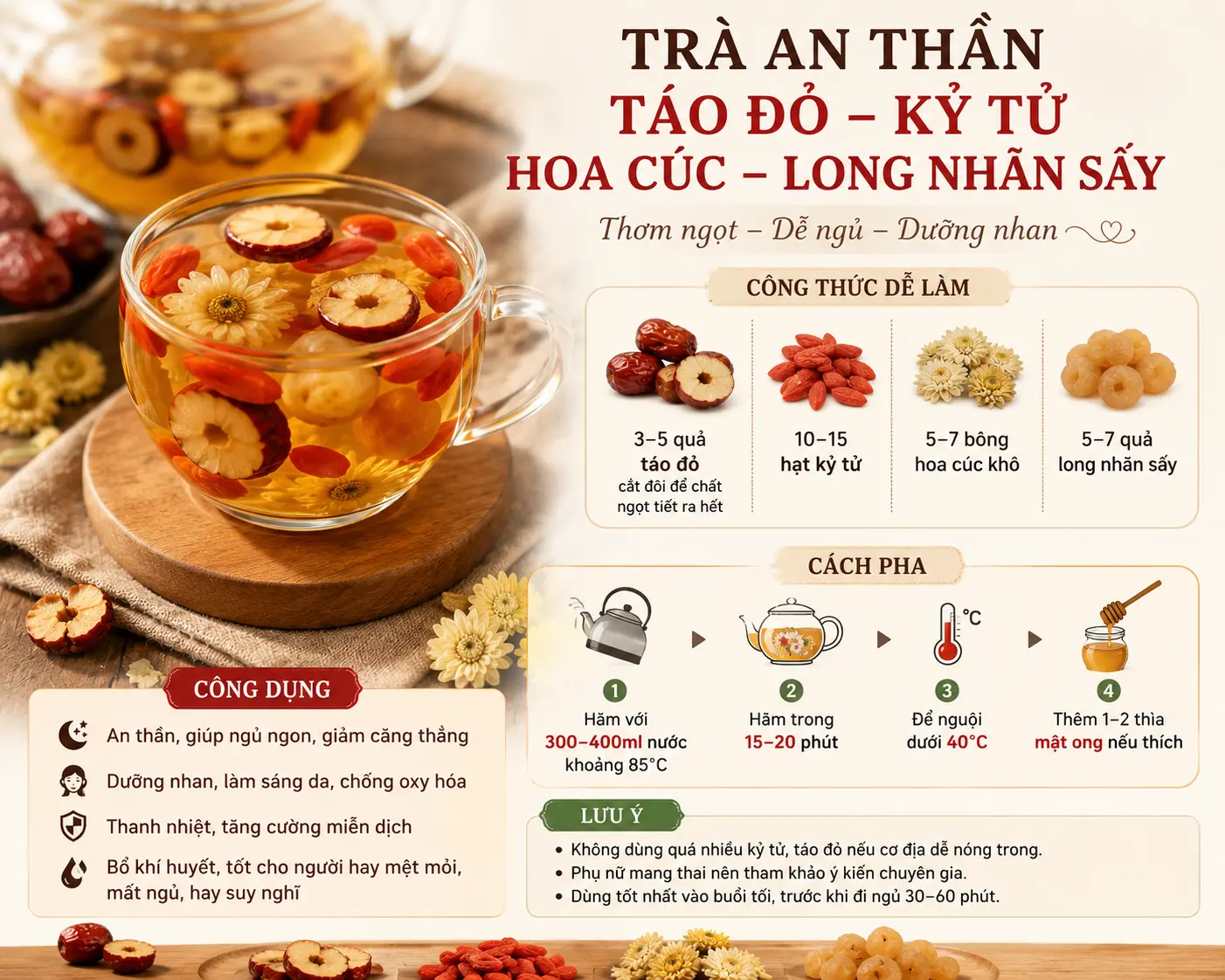 trà an thần táo đỏ kỷ tử hoa cúc long nhãn sấy QUE dưỡng nhan