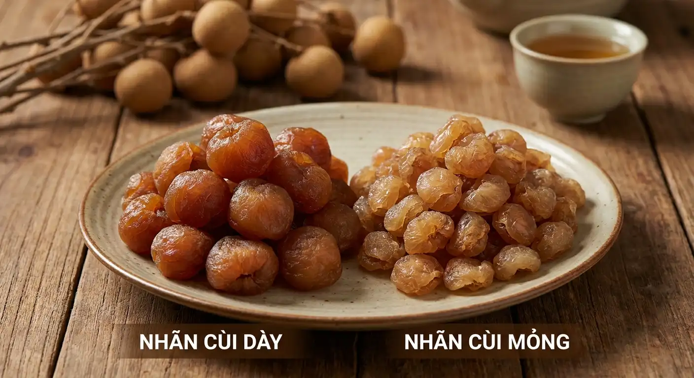 So sánh cùi nhãn dày và cùi mỏng sau khi sấy