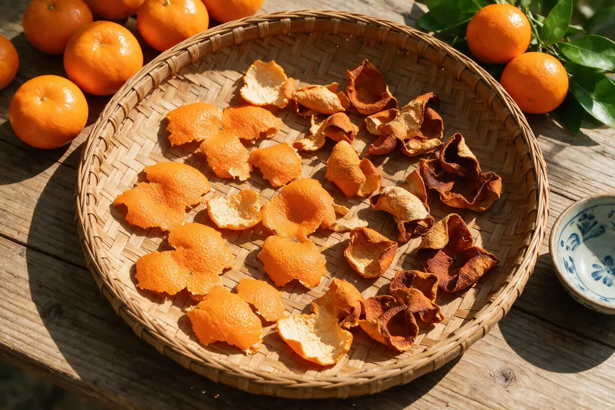 Vỏ quýt chín phơi khô thành trần bì trên mẹt tre dưới nắng