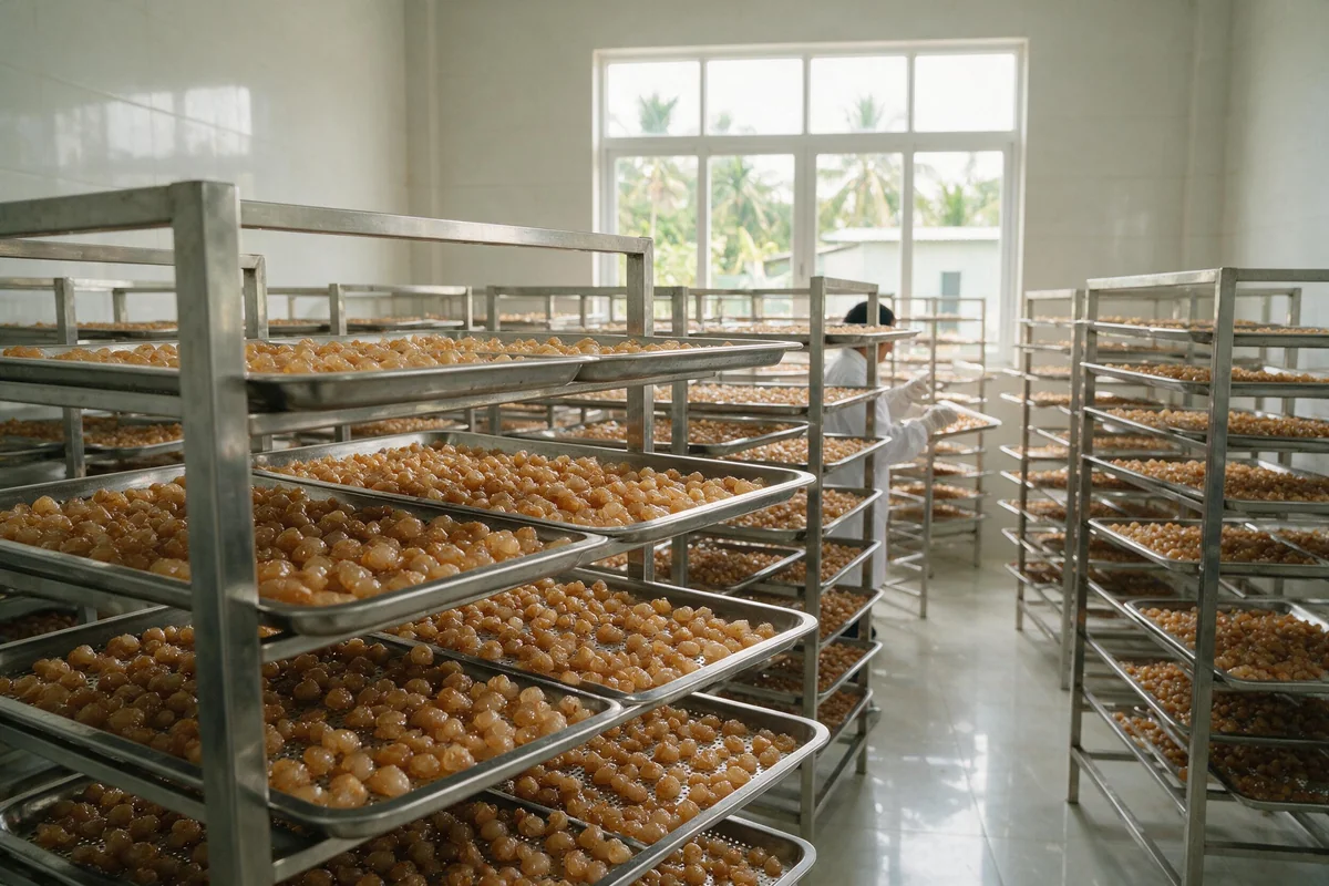 Khay long nhãn sấy trong xưởng sấy sạch đạt chuẩn xuất khẩu