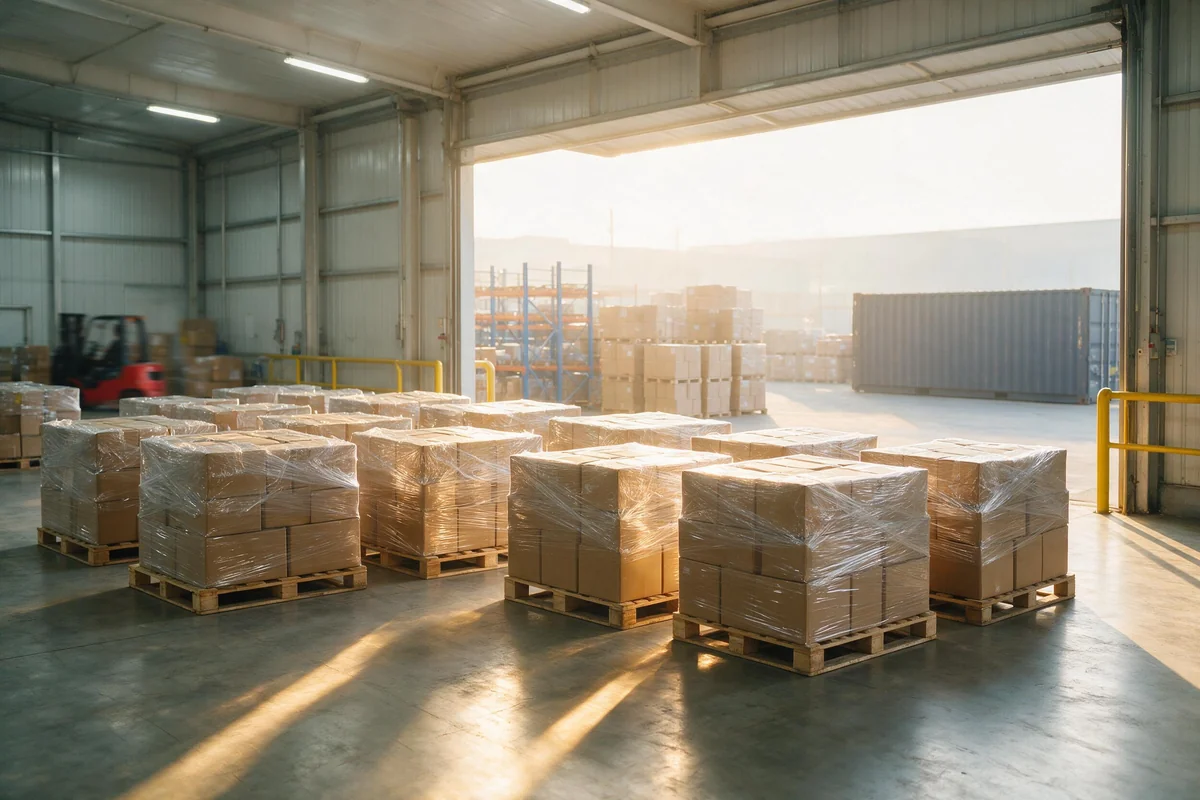 Pallet hàng nông sản sấy chờ xuất tại kho gần cầu cảng
