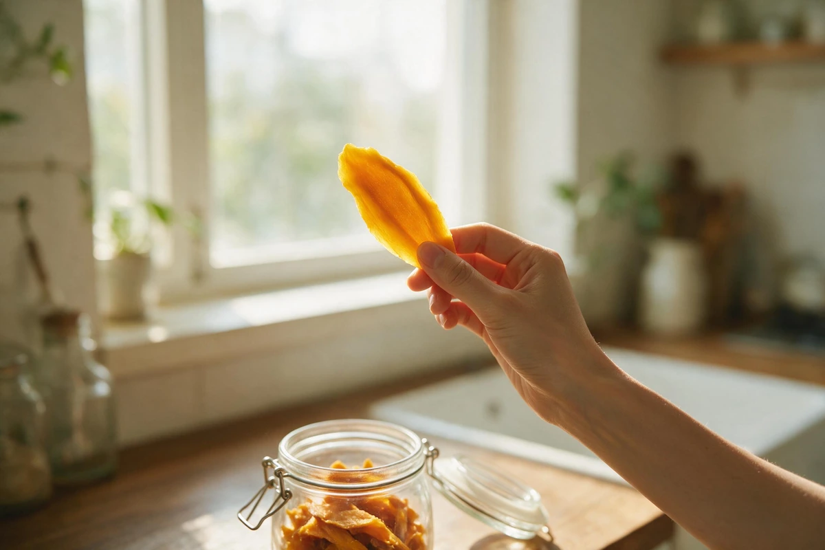 Soi miếng trái cây sấy dẻo dưới ánh sáng để kiểm tra dấu hiệu hỏng