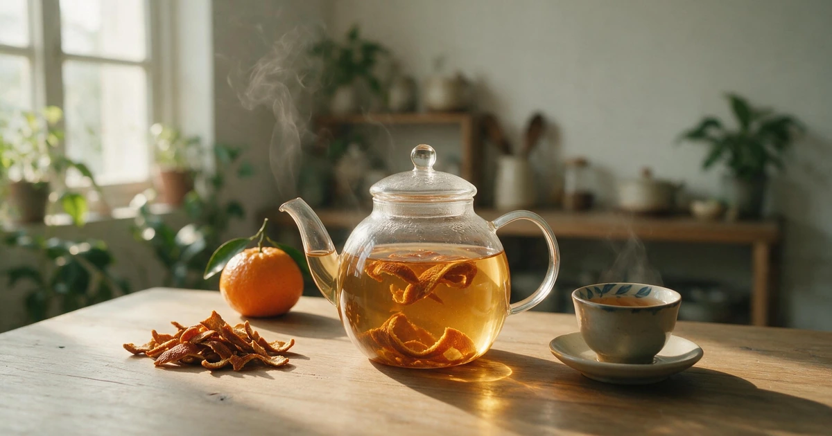 Trà vỏ quýt khô trần bì trong ấm thủy tinh cùng vỏ quýt phơi khô trên bàn gỗ
