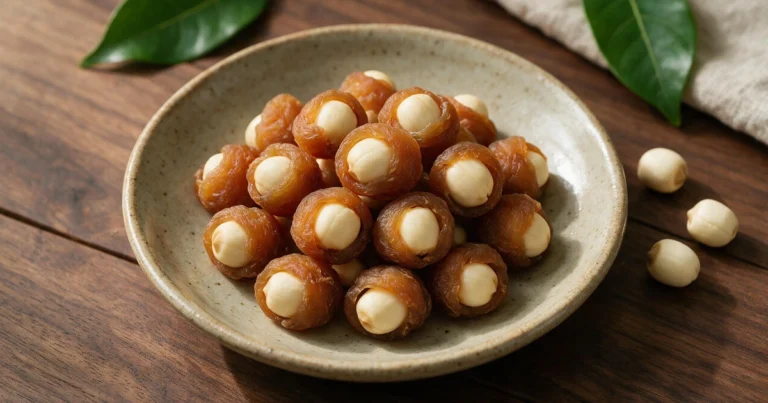 Long nhãn bọc hạt sen sấy khô đặc sản Hưng Yên xếp trên đĩa gốm