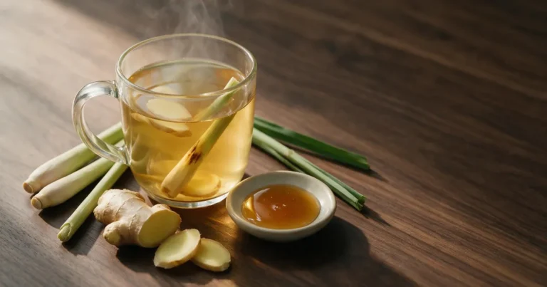 Uống nước sả gừng mỗi ngày có tốt không - ly nước sả gừng ấm bên nguyên liệu tươi
