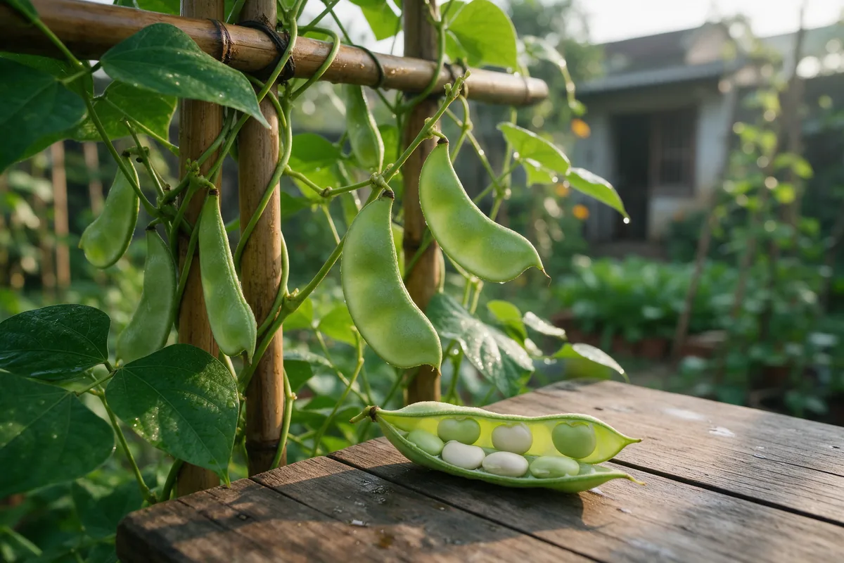 Quả đậu ngự tươi tách vỏ trên giàn trong vườn nhà ở Huế