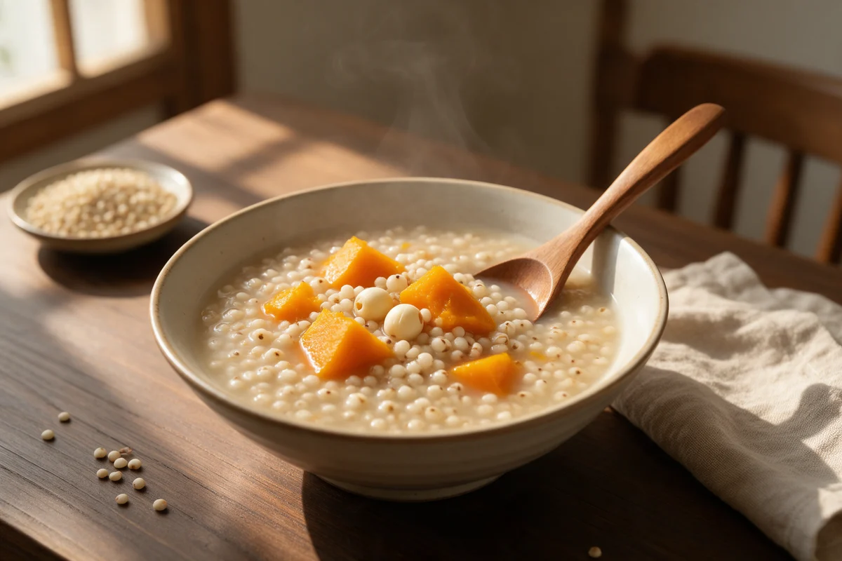 Bát cháo nấu từ hạt cao lương ăn kèm bí đỏ và hạt sen