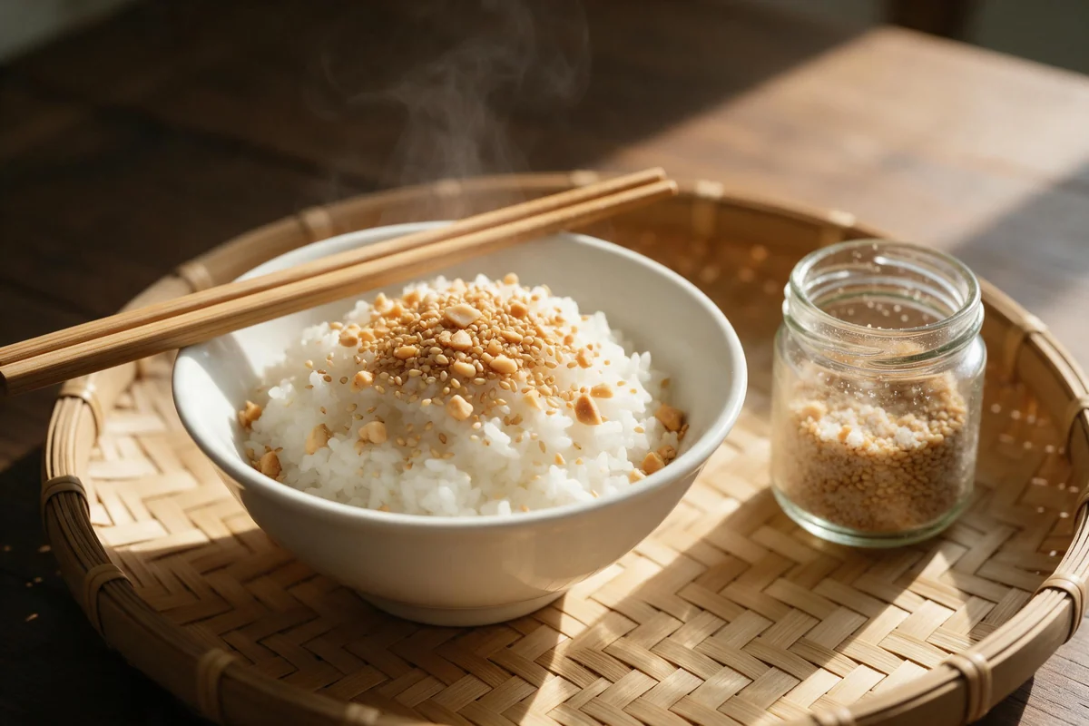 Muối vừng và cơm nóng rắc mè rang trên mâm cơm Việt