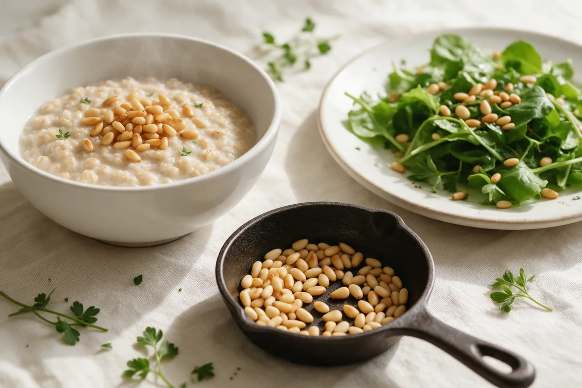 Hạt thông rang vàng rắc lên đĩa salad và bát cháo yến mạch