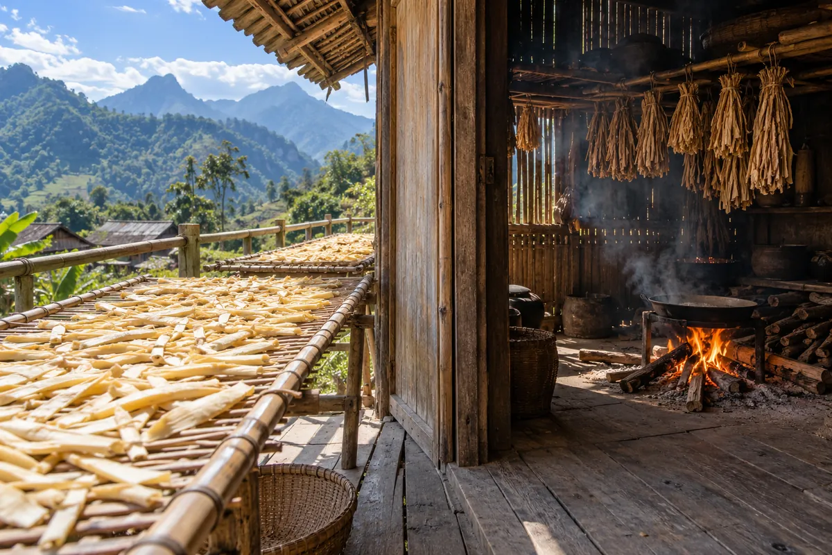Phơi măng nứa luộc chín trên giàn tre và hong măng trên gác bếp củi