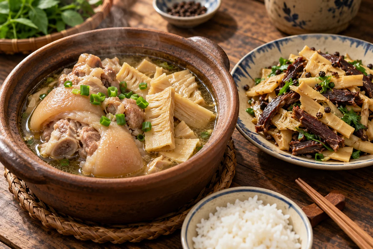 Nồi chân giò hầm măng vầu khô và đĩa măng xào thịt trâu gác bếp