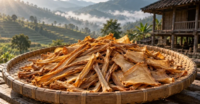 Măng khô đặc sản Tây Bắc vàng nâu phơi trên nong tre trước nhà sàn vùng cao