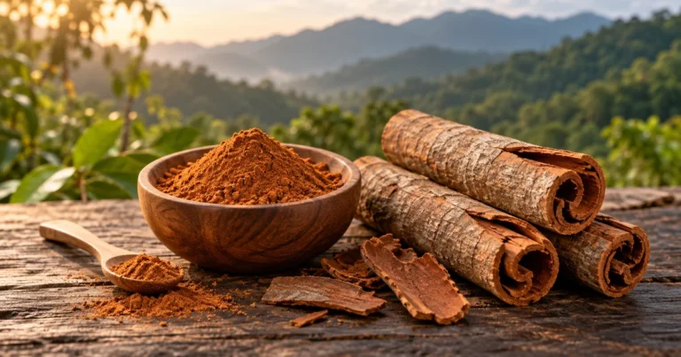 Bột quế Trà My nâu đỏ trong chén gỗ bên thanh vỏ quế khô